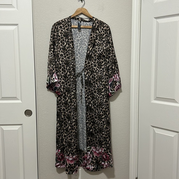 Dorina Dolores leopard print floral trim kimono robe Large Pink Brown No belt - Picture 7 of 12